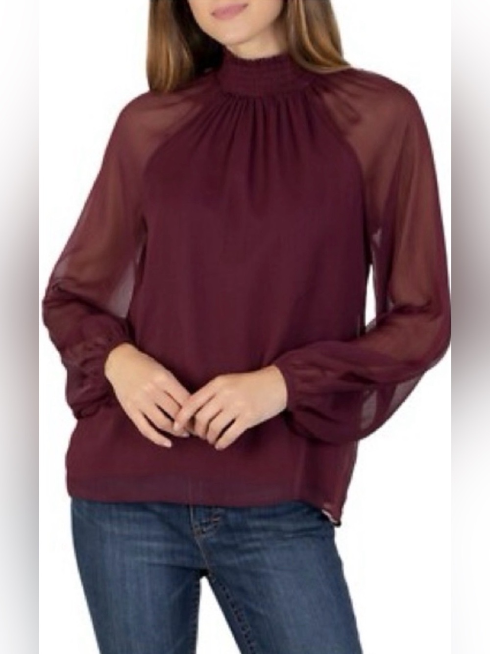 Joie Burgundy Sheer Long-Sleeve Smocked Neck Blouse